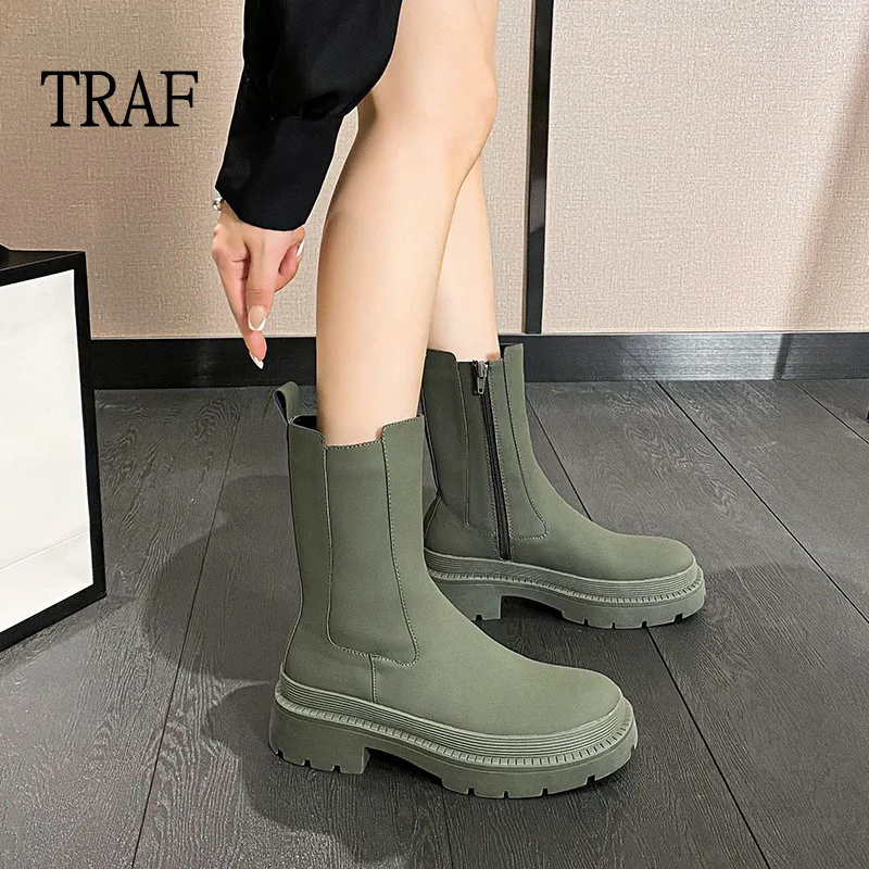 TRAF yarım çizmeler Kadınlar 2022 Ordu Yeşil Siyah beyaz ayakkabı Kadınlar İçin Martens Tıknaz Taban Yuvarlak Ayak Kışlık Botlar Bayan Chelsea Çizmeler