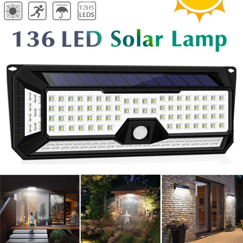 136 LED 1810LM Bahçe güneş ışıkları Güneş IP67 su geçirmez LED duvar lambası dış mekan 3 Modları 270 Derece Güneş PIR Hareket Sensörü Lambası