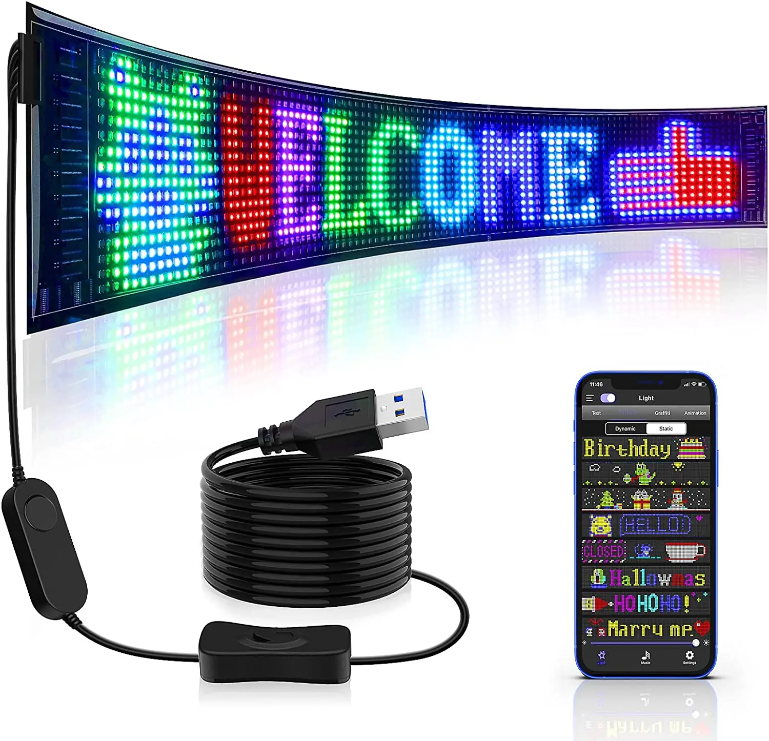 LED Matris Paneli USB 5V Kaydırma Parlak RGB lambalı tabelalar Araba için Bluetooth App Kontrolü Metin Desen Animasyon LED Araba Ekran