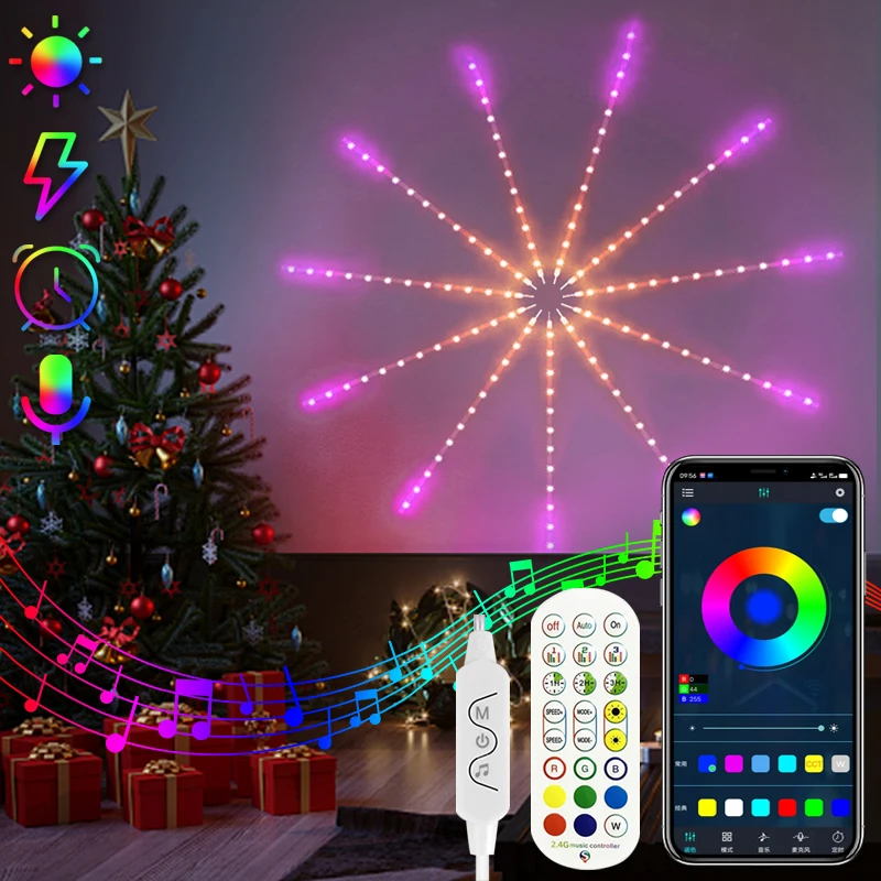 RGB Havai Fişek Lambası Müzik Ses ile USB Uzaktan Bluetooth APP LED Şerit Sihirli Renk Ortam ışığı Noel Partisi Ev Dekorasyonu