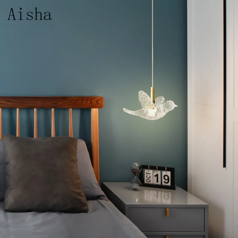 Modern kelebek / kuş kolye lamba tüm bakır akrilik LED kolye ışık ışık lüks yatak odası başucu Villa otel restoran
