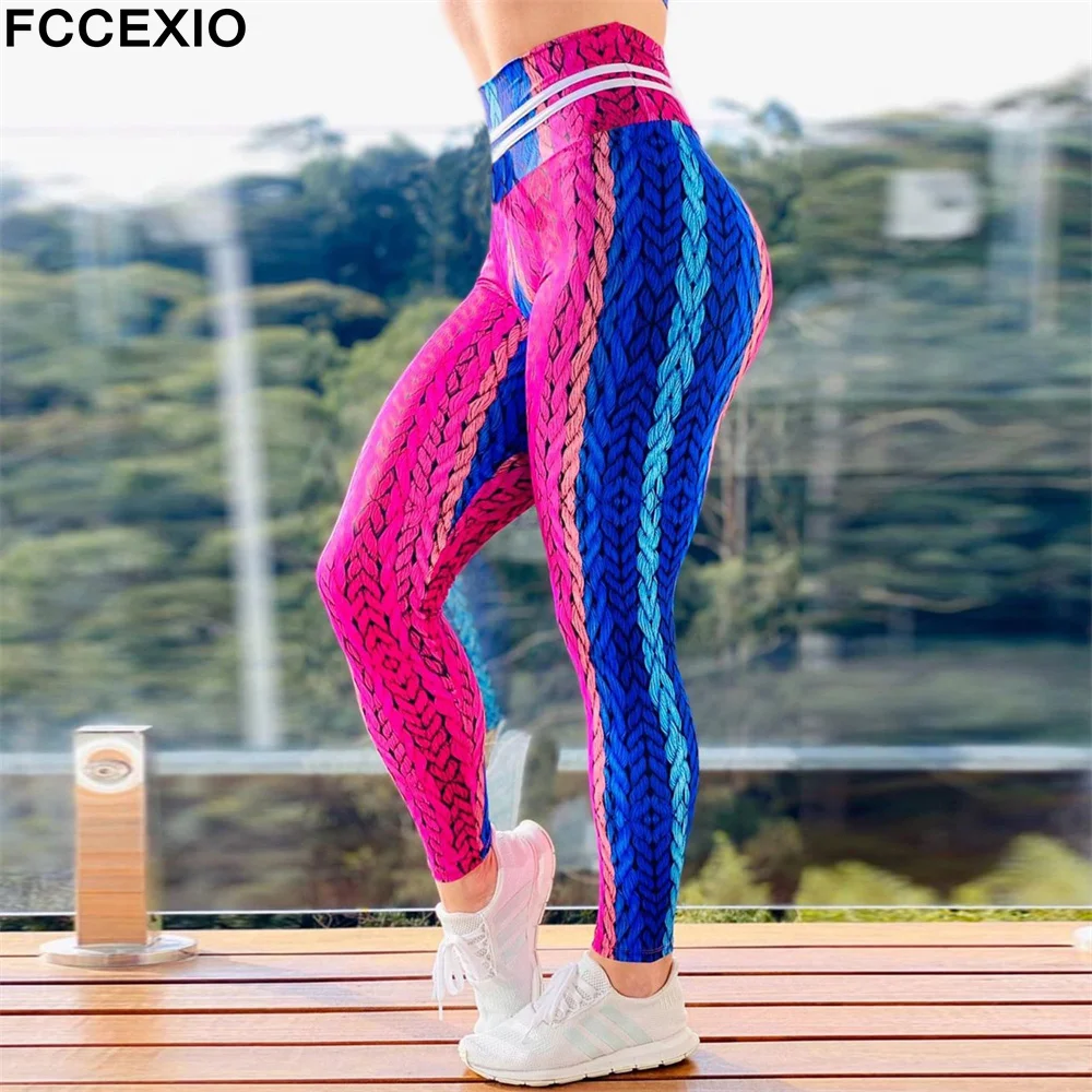FCCEXIO Renkli Örgü 3D Baskı Kadın Pantolon Push Up Koşu Spor Tayt İnce Pantolon Yeni Rahat Pantolon Spor Legging S-3XL