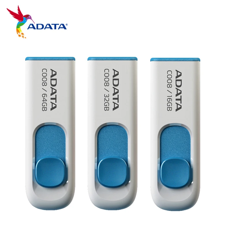 Orijinal ADATA C008 USB flash sürücü 16 GB 32 GB 64 GB Kapaksız Sürgülü Kalem Sürücü Klasik USB 2.0 Flash Sürücü Yüksek Hızlı Pendrive