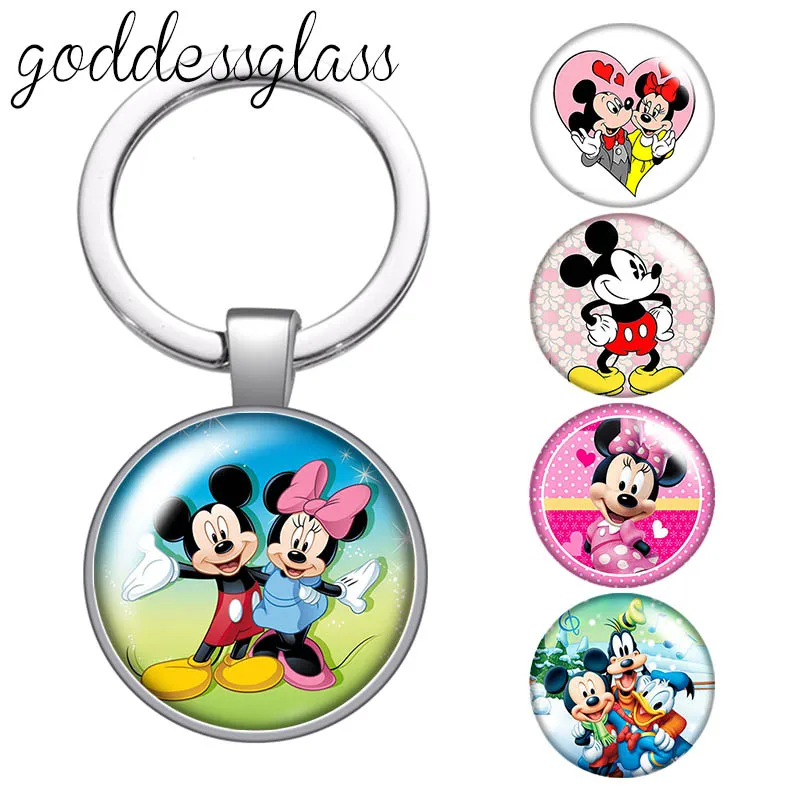 Sevimli Mickey mouse Minnie mouse Yuvarlak cam cabochon çanta anahtarlığı Araba anahtarlık Halka Tutucu Charms anahtarlıklar Çocuklar için hediye