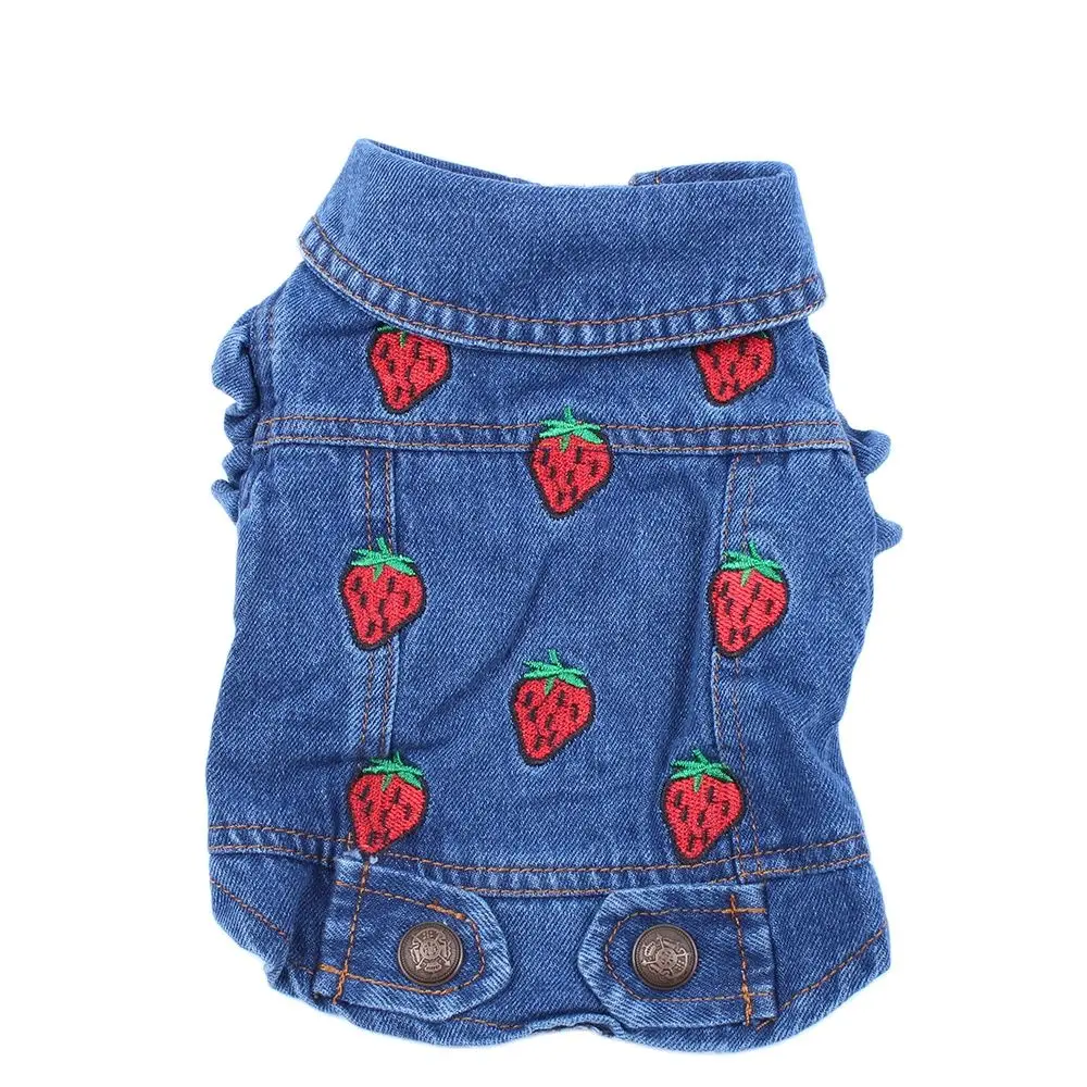 Kot Pet Köpek Ceket Strawberrys Mavi Denim Ceket Elbise Yavru İlkbahar / Sonbahar Giyim Giyim