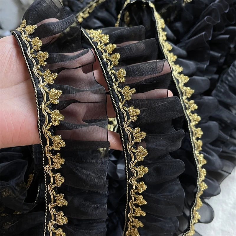 5cm Genişliğinde Yüksek Kaliteli Tül Siyah Altın 3D Pilili Dantel Trim Dikiş Aksesuarları düğün elbisesi Aplikler Fringe Dantel Kumaş