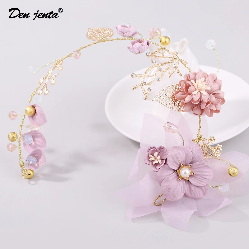 High-end Mor Serisi Gelin Headdress Kafa Bandı El Yapımı Çiçek Kafa Çiçek Altın renk Yaprak Düğün Headdress saç aksesuarları