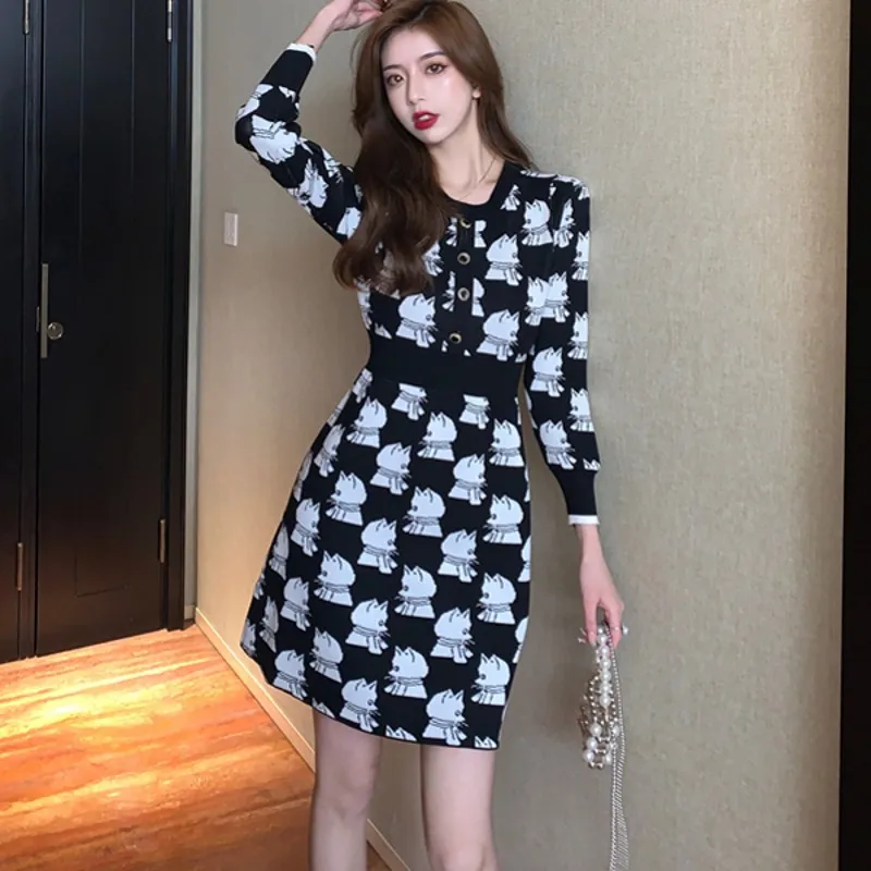 Yeni Sonbahar Pist Kore Zarif kadın İlk Aşk Tatlı Baskı Örme Kazak İnce Vintage Chic O Boyun Elbise Vestidos