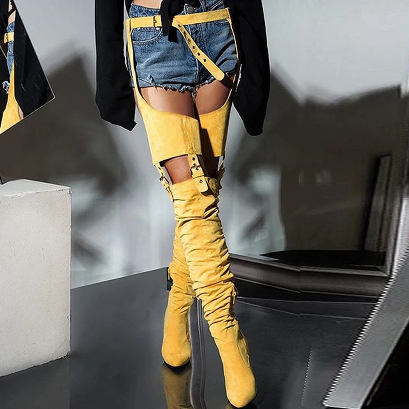 Kadın Kemer Tokası asker botu Kalın Topuk Diz Üzerinde Yüksek Çizmeler Seksi Uyluk Yüksek Çizmeler Metal Dekoratif Ayakkabı 2021 Kış Botas