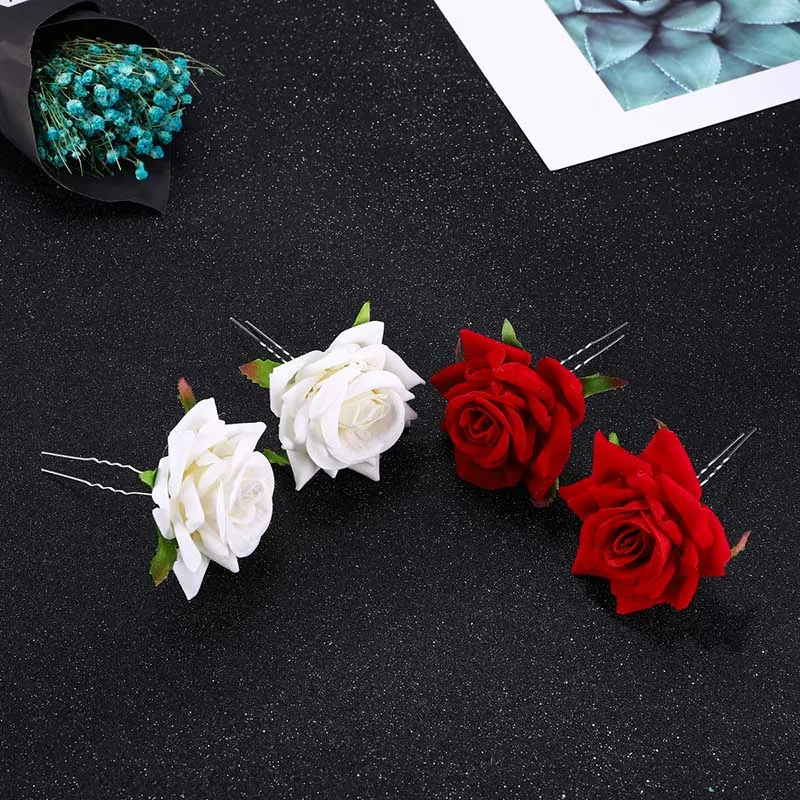Yüksek Moda U Şekli Kırmızı Beyaz Yapay Gül Çiçek Saç Pins Sticks Klipler Gelin Noiva Gelin Düğün Headpieces