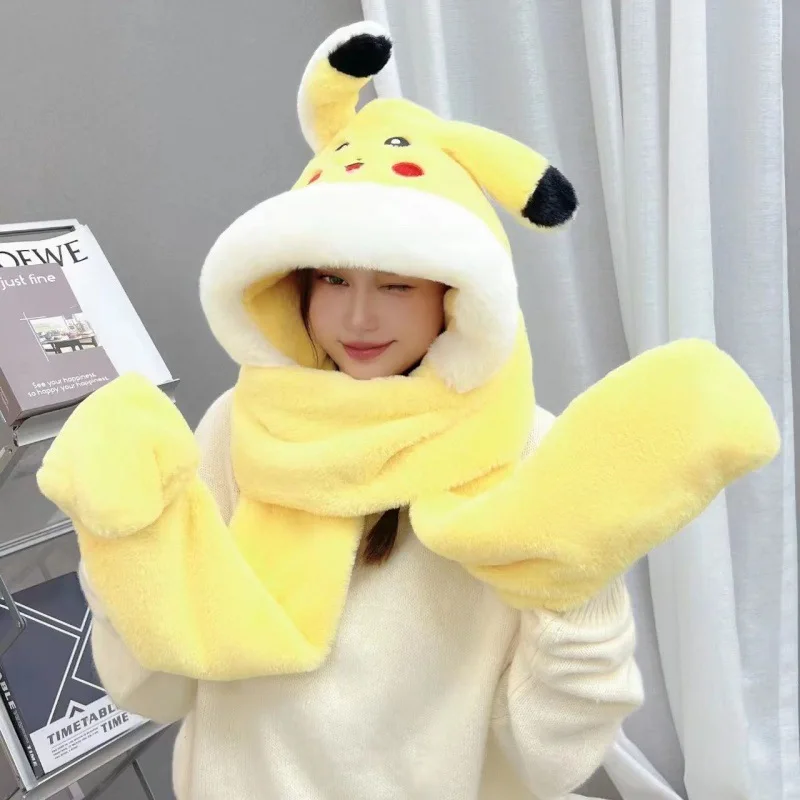 Yeni Pikachu Kış Şapka Karikatür Öğrenci Şapka Kulaklar Taşıyabilirsiniz Eşarp Eldiven Bir Sevimli Eşarp Kapüşonlu Üç Parçalı Kadın Moda