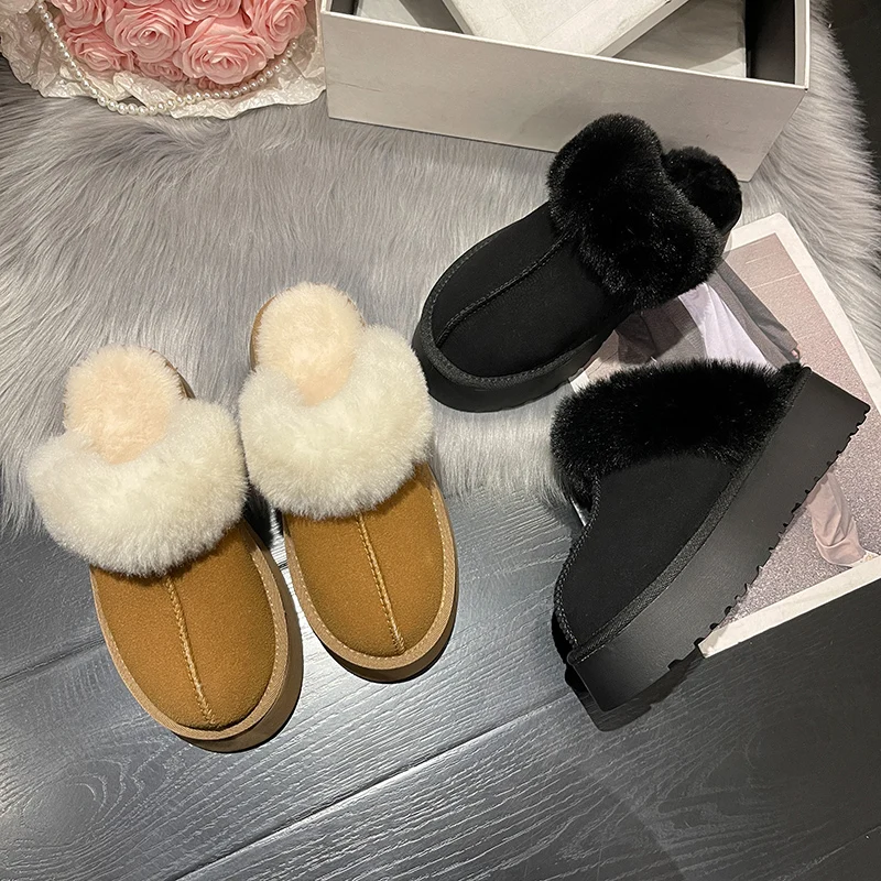 Kış Marka Peluş Pamuk Sıcak Kar Botları Terlik Kadın Flats Ayakkabı Moda Platformu Rahat Ev Süet Kürk Sıcak Slingback Flip