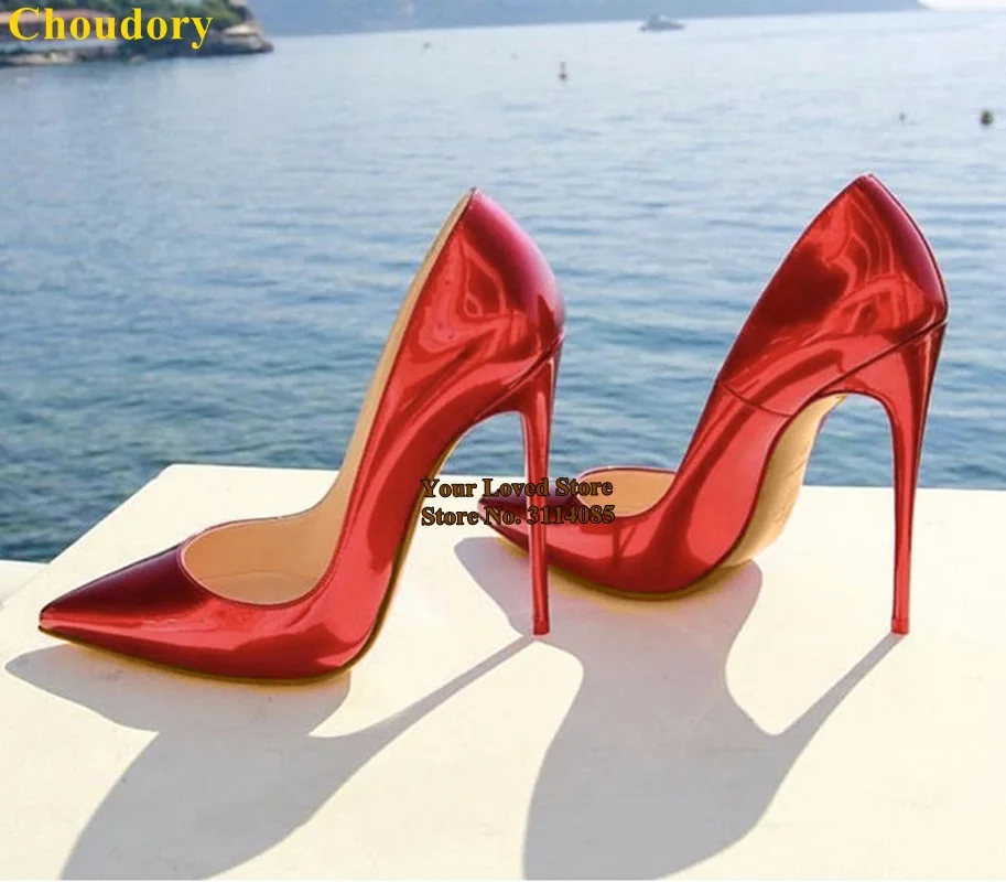 Choudory Kırmızı Mor Gümüş Parlak Topuklu Pompalar Stiletto Topuk Patent Deri Sığ Ayakkabı Sivri Burun Slip-On Düğün Ayakkabı 12 cm