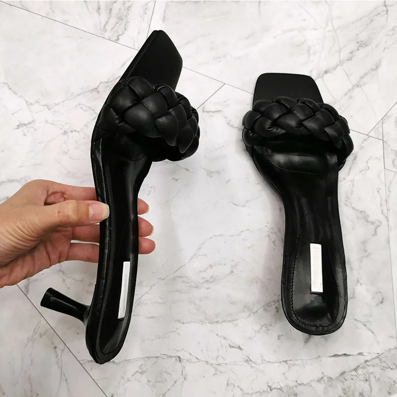 2022 Yüksek Topuk Kadın Sandalet Peep Toe Moda İnce Topuk Bayanlar Parti Yaz Pompaları Tasarım PU Dokuma Kadın Ayakkabı Üst 7cm