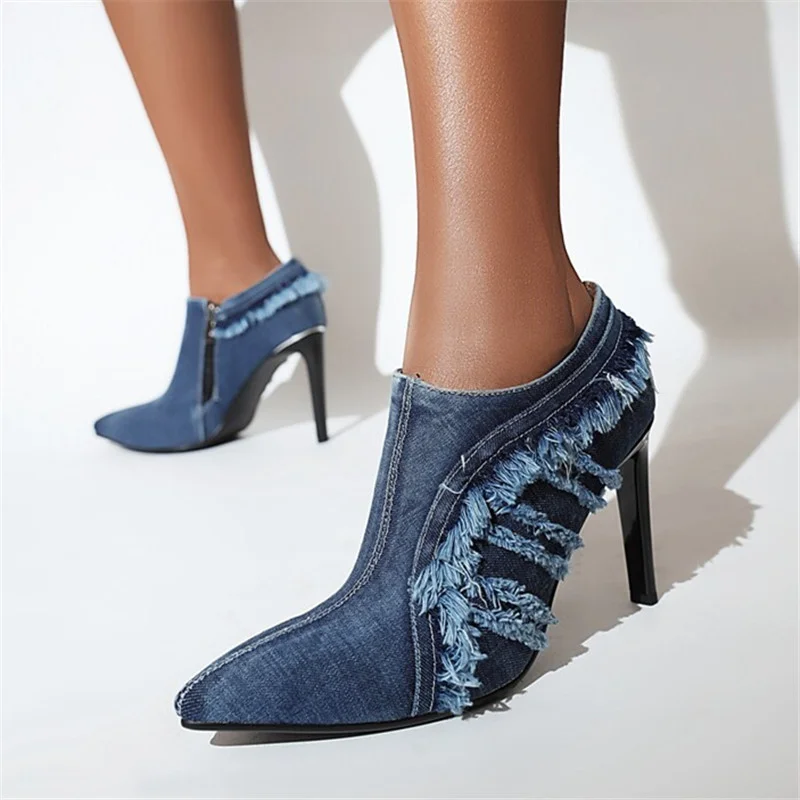 LeShıon Of Chanmeb Seksi Kadın Stiletto Yüksek Topuklu Çizmeler Mavi Püskül Denim Sivri Burun Kısa yarım çizmeler Bayanlar Jean Ayakkabı Sonbahar