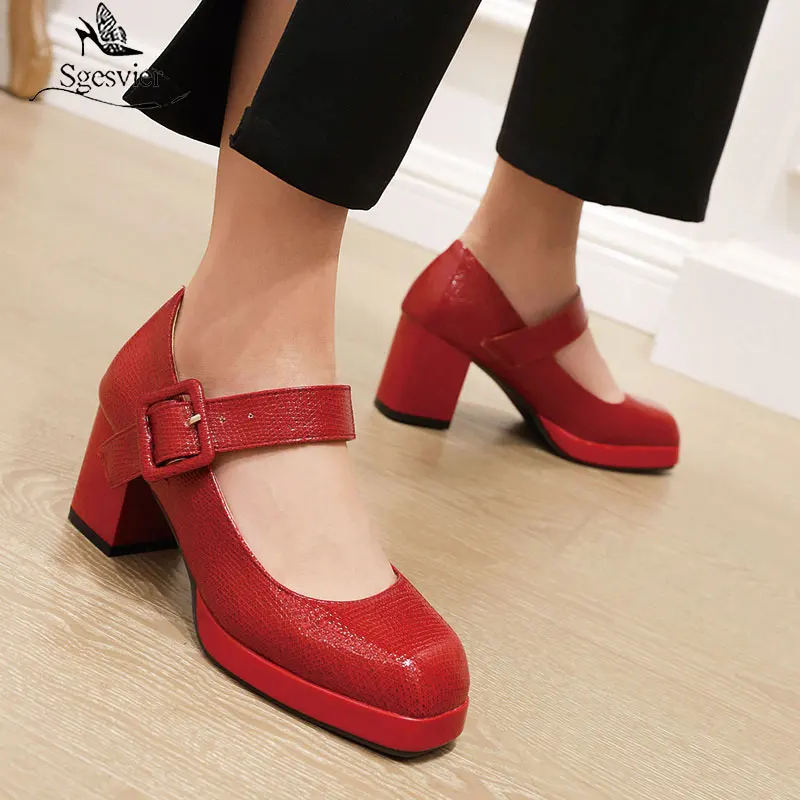 Sgesvıer Patent PU Deri Mary Janes Ayakkabı Kadınlar için Kalın Yüksek topuklu Ofis Elbise parti ayakkabıları Kırmızı Beyaz Siyah Pompaları