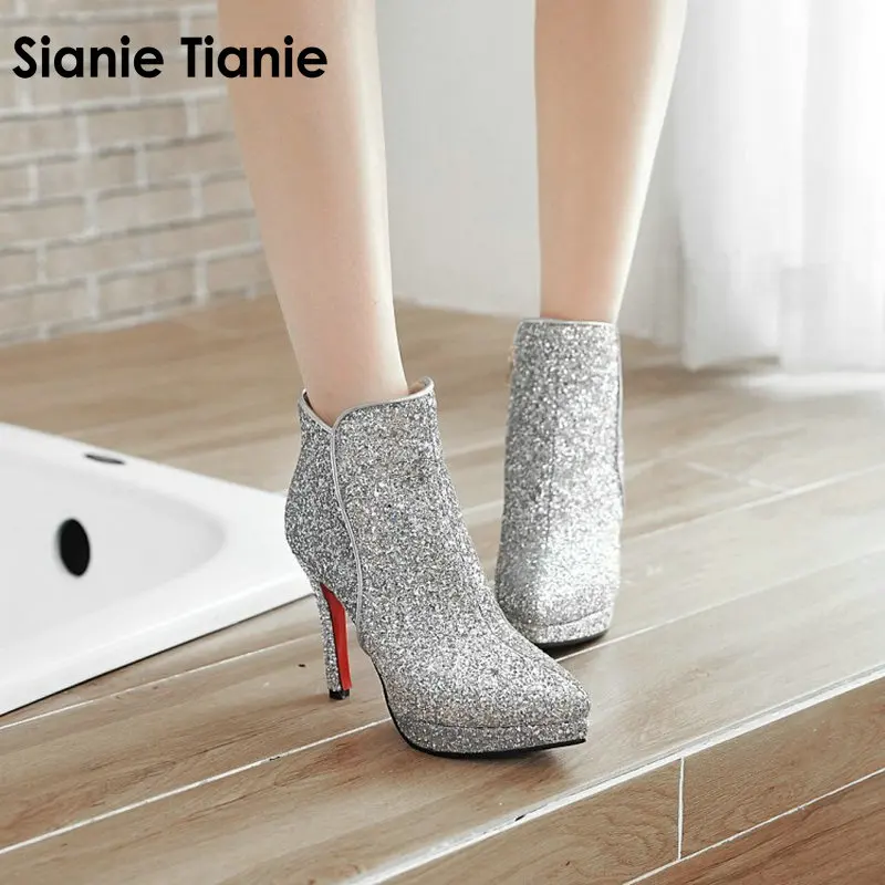 Sianie Tianie bling bling glitter payetli kumaş kadın yüksek topuklu ayakkabı altın gümüş kadın parti düğün yarım çizmeler boyutu 48