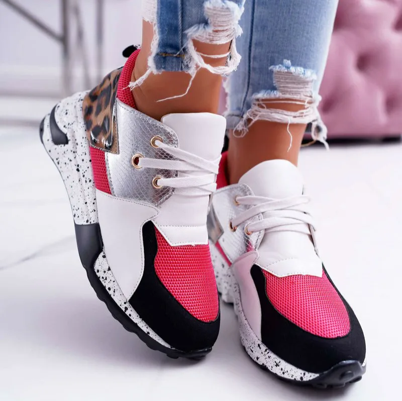 Kadın Ayakkabı Pu Deri Tekstil Kombinasyonu Sığ Spor Kadın Ayakkabı Kalın Taban Rahat kadın vulkanize Ayakkabı
