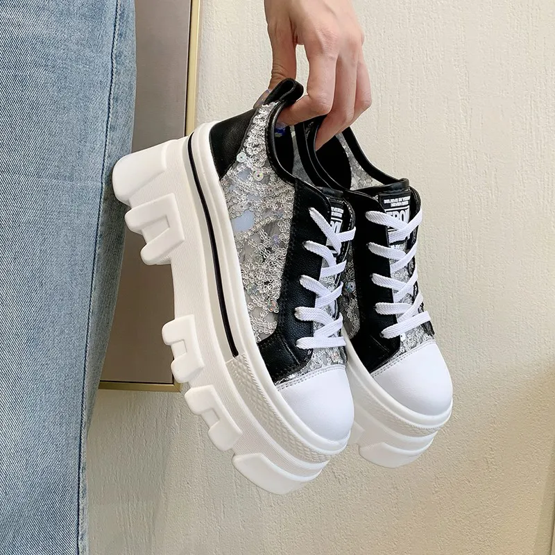 Kadınlar Yüksek Platformu Sneakers Kristal Örgü Moda Artan Rahat Beyaz Baba Ayakkabı Bayanlar Spor Tıknaz Ayakkabı Kadın