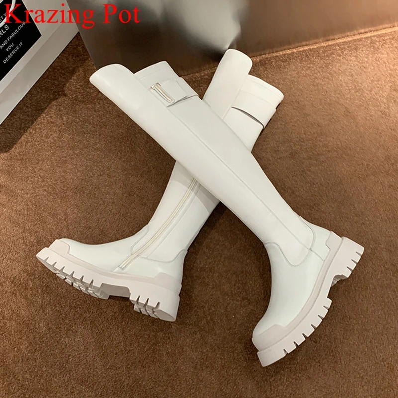 Krazing Pot Yüksek Kaliteli İnek Deri Platformu Uyluk Yüksek Çizmeler Yuvarlak Ayak Rahat Kış Ayakkabı Zip Elbise Diz Üzerinde çizmeler L92
