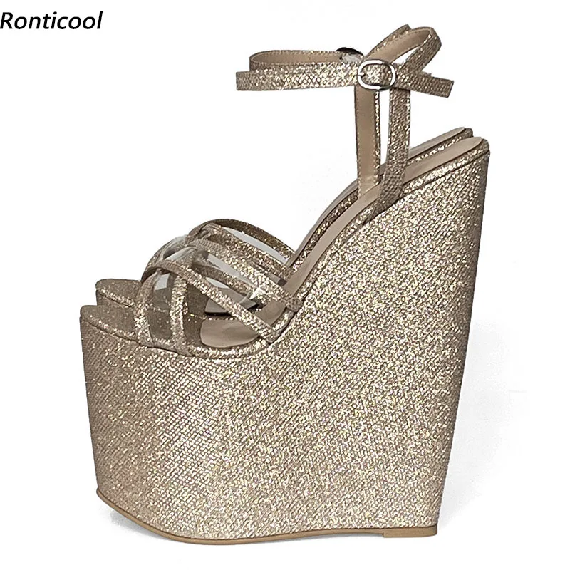 Rontıcool Süper Seksi Kadın Platformu Glitter Sandalet Takozlar Yüksek Topuk Burnu açık Güzel Altın Gümüş parti ayakkabıları Bayanlar ABD Boyutu 4-14