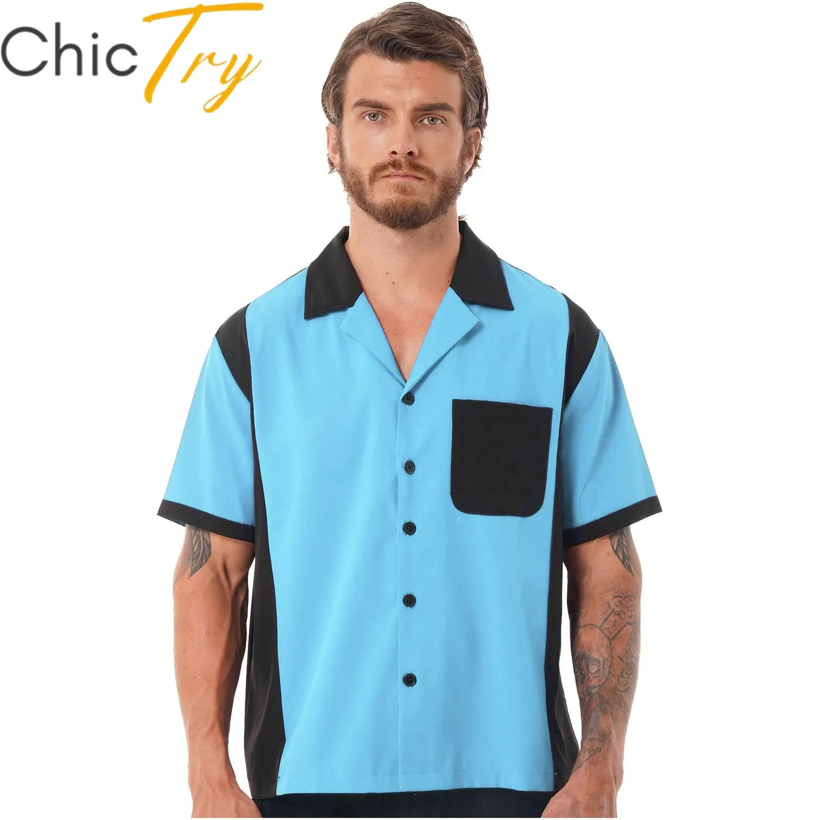 Erkek Retro Bowling Gömlek Moda Renk Bloğu Kısa Kollu Üstleri Erkek Vintage Casual 50s Çentikli Yaka Düğmesi cepli gömlek