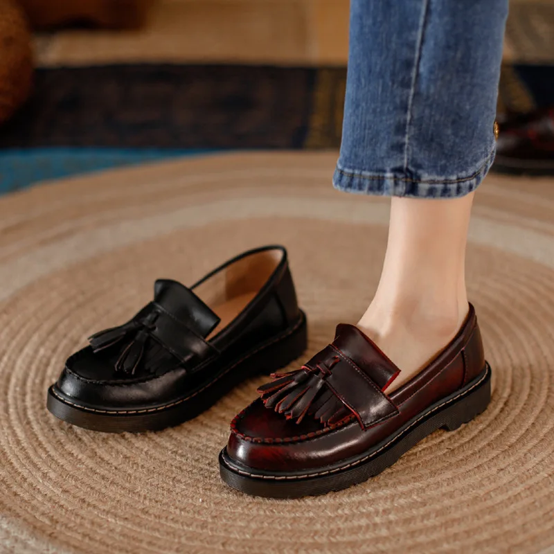İngiliz kadın deri ayakkabı kadın yay kalın tabanlı loafer'lar siyah şarap kırmızı retro nostaljik inek derisi