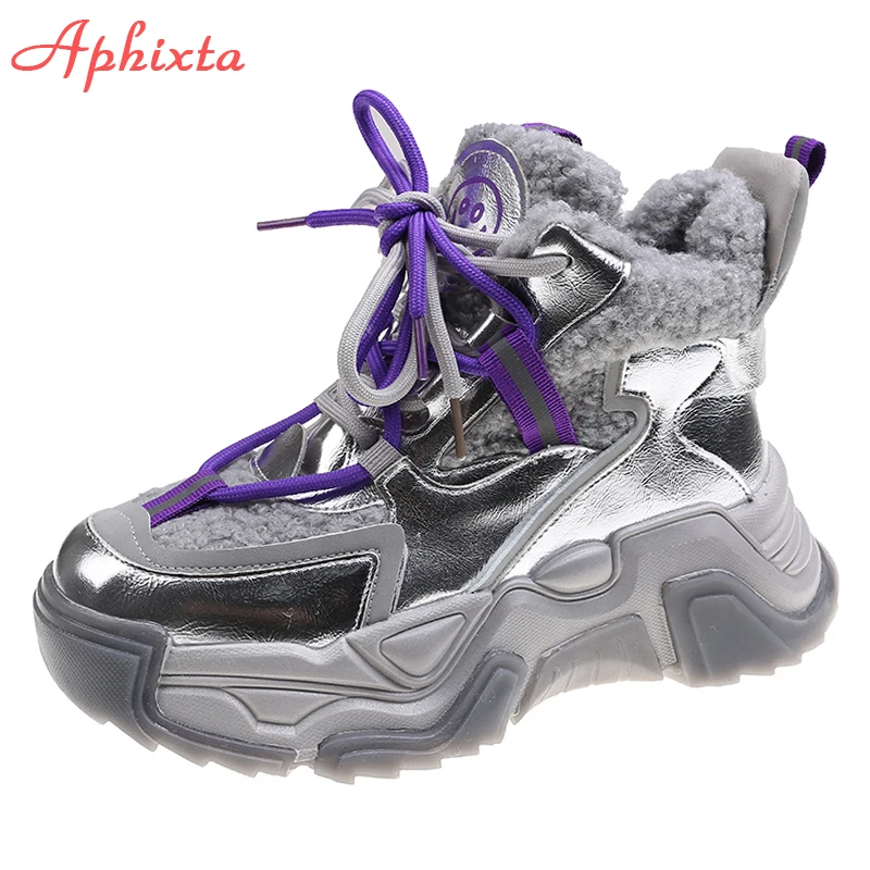 Aphixta Kış Yüksekliği Artan Sneakers Kadın Çizmeler Süet Peluş Sıcak Platformu Retro Nefes Dantel-up Chuky Taban Baba Ayakkabı