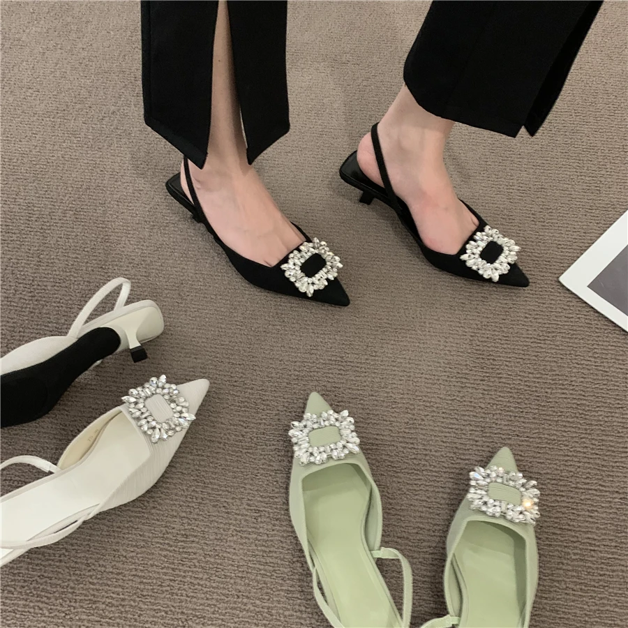 Taklidi kadın Pompaları Sivri Burun Slingback İnce topuklu Kadın Sandalet 2022 Yeni Moda Kristal Sığ Ağız Bayan ayakkabıları
