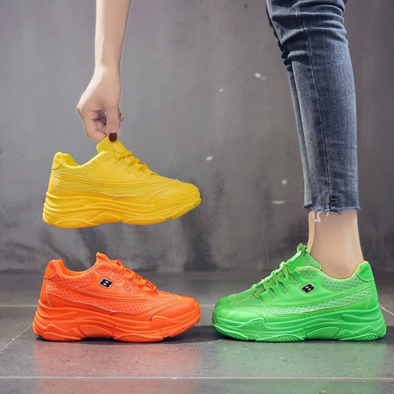 Yeni Tasarımcı Ayakkabı Kadın Platformu rahat ayakkabılar Moda Ayakkabı Platformu Sepeti Femme Sarı Dantel-Up Rahat Tıknaz Ayakkabı 40