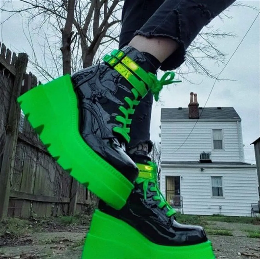 Yüksek Topuklu Cosplay Moda Kış Takozlar Bot Halloween Ayakkabı Yeşil Platformu Ayak Bileği Yepyeni Büyük Boyutları 43 Gotik Kadın Patik 