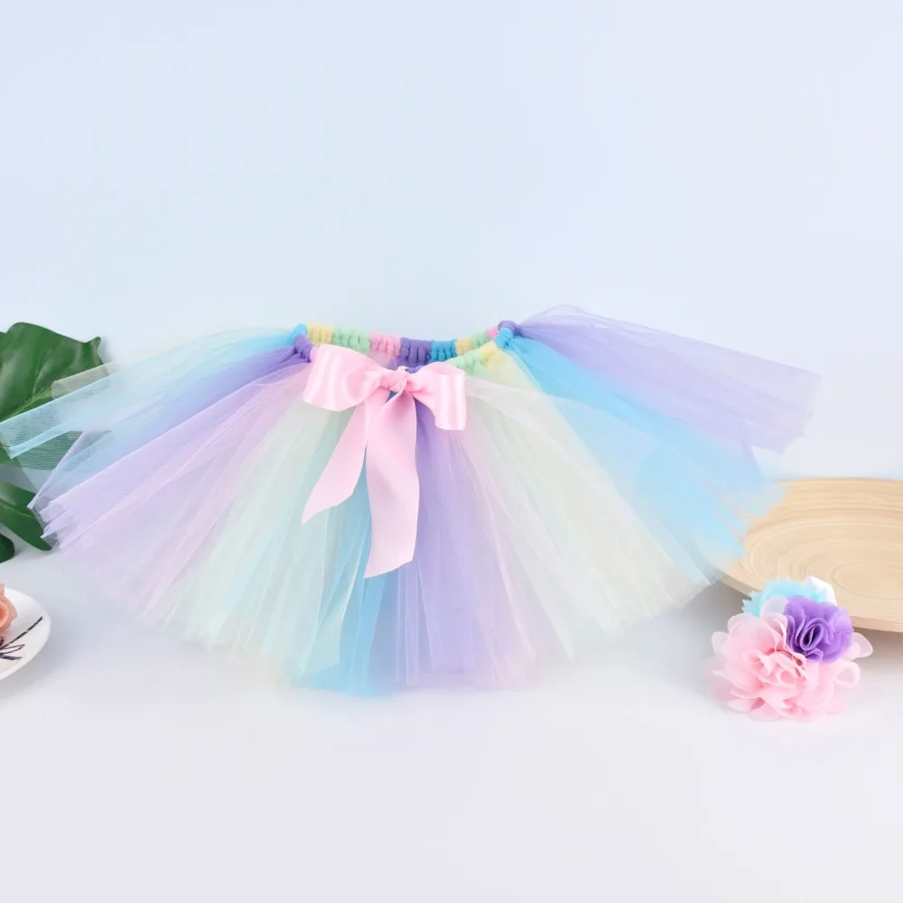 Pastel Gökkuşağı Kabarık Tutu Etek Kızlar için Bebek Doğum Günü Unicorn Tül Etek Doğum Günü Partisi Kostüm Fotoğraf Sahne Çiçek saç bandı seti