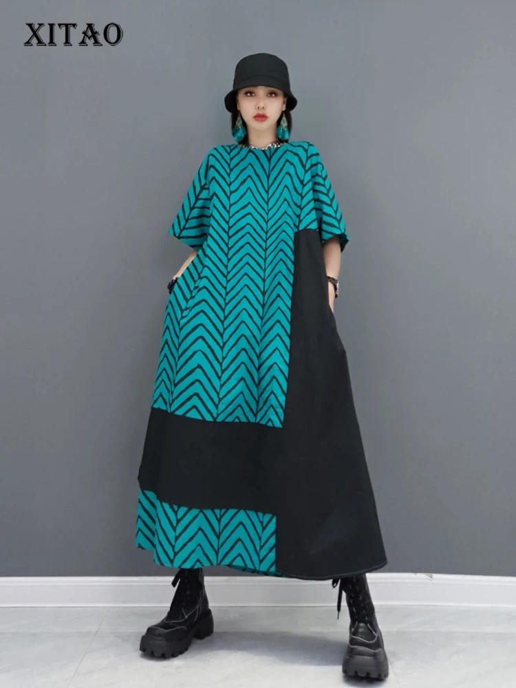 XITAO Moda Kontrast Renk Elbise Asimetrik Şifon Ekleme Gevşek Büyük Boy Kadın 2021 Yaz Yeni O-Boyun Baskı WMD1025