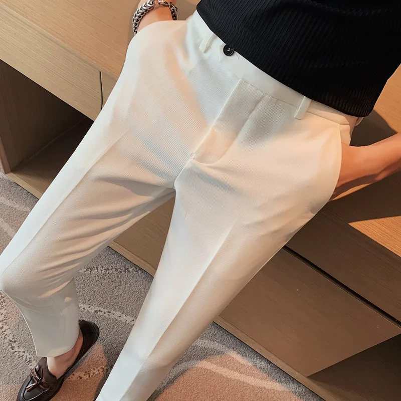 2022 Yaz Erkek İş takım elbise pantalonları Katı Rahat Ofis Sosyal Takım Elbise Pantolon Kore Slim Fit Parti Elbise Ayak Bileği Uzunluğu Pantolon