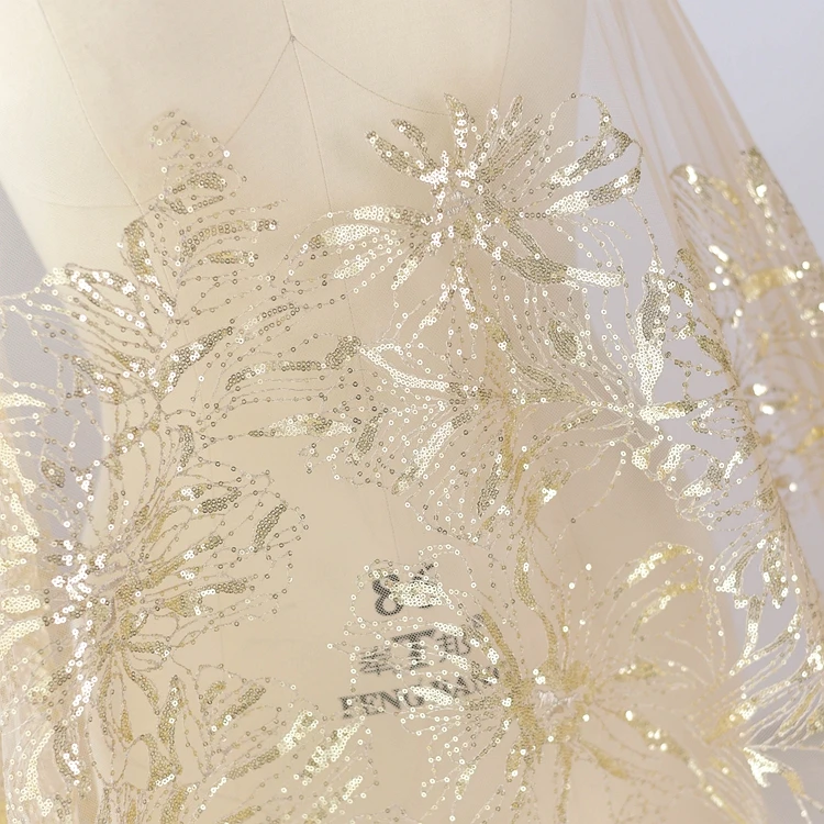 W1. 3m uzun 0.5 metre Lüks donanma / altın sequins şakayık dantel kumaş moda giyim kumaş high-end düğün elbisesi kumaş X335