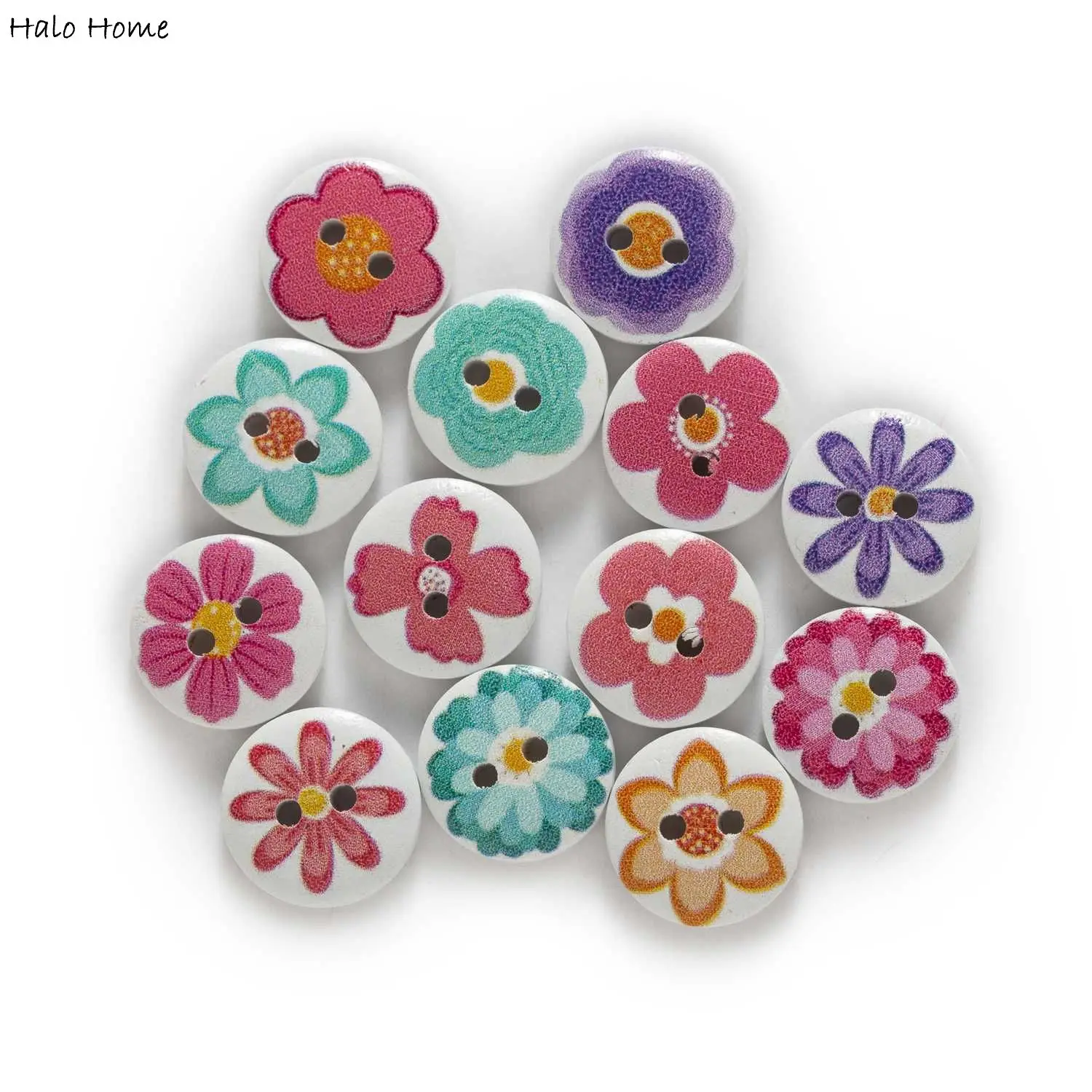 50 adet Çiçek Tema Zengin Renkli Mix Yuvarlak Ahşap Düğmeler Dikiş Scrapbooking Giyim El Sanatları İşi Aksesuarları 15mm