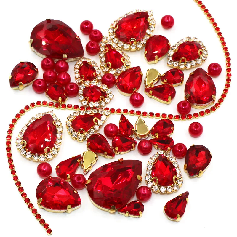 Düğün Dekorasyon altın taban Kırmızı Mix boyutu Cam Kristal Taşlar İnci Boncuk Fincan Zincir Jant Rhinestones Dikmek Giyim / elbise