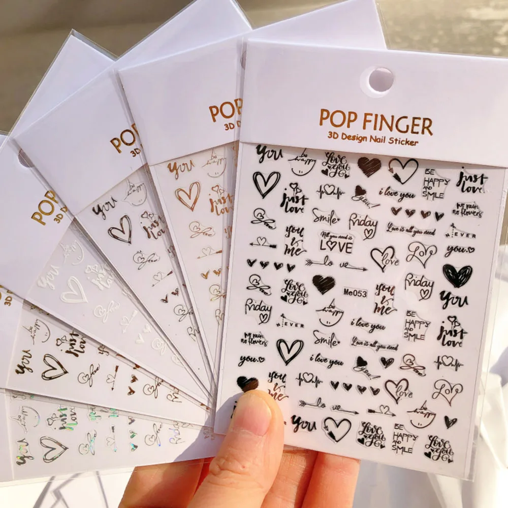 1 Adet sevgililer günü Nail Art Sticker Mektup / İşareti / Kalp Aşk Kendinden Yapışkanlı Lazer Altın / Gümüş / Siyah / Beyaz Kaymak Tırnak Çıkartmaları