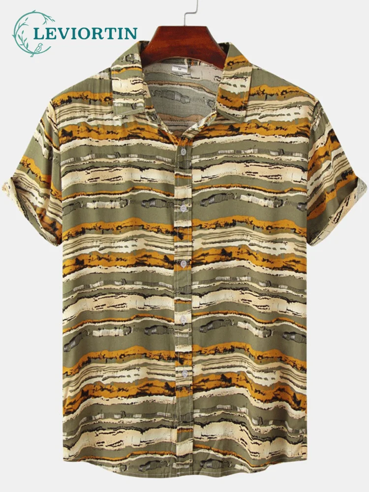 Yaz Erkek Vintage Etnik Çizgili Gömlek Moda Hawaiian Yaka Tatil Kısa Kollu Erkek Gömlek Bluzlar tasarımcı kıyafetleri