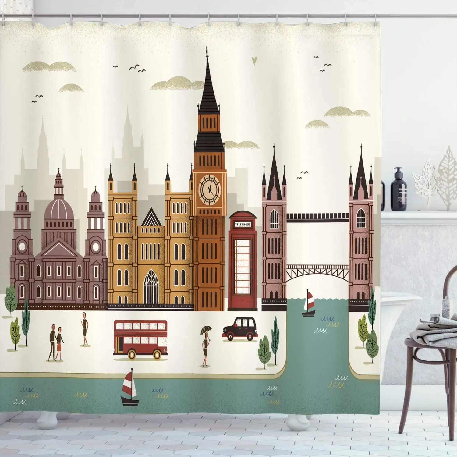 Retro Londra Duş Perdesi Manzara Ünlü Şehir İngiltere Big Ben telefon kulübesi Westminster Kumaş Banyo Dekor Seti Kanca ile
