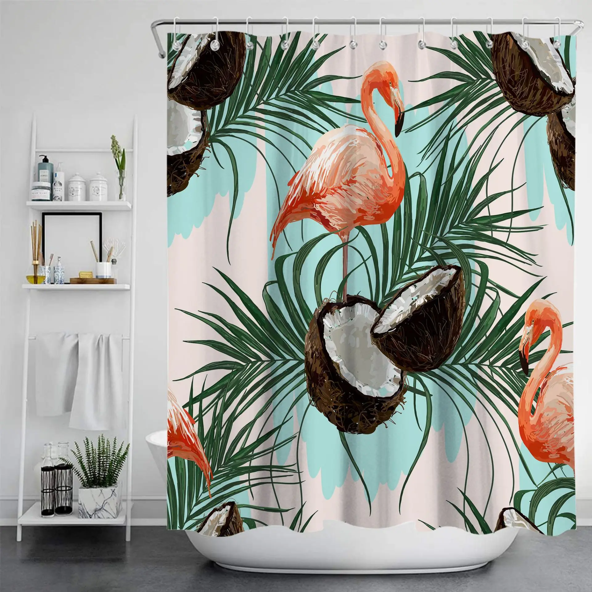 Duş Perdesi Polyester Su Geçirmez Banyo Flamingo ve Çiçek Banyo Bölme Perde Duş Su Geçirmez Perde
