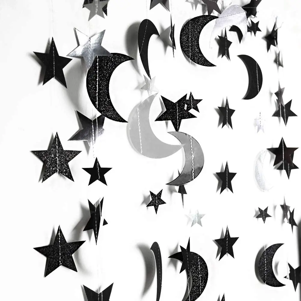 4 Metre EİD Mubarak Dekor Siyah Şerit Yıldız Nokta Ay Bunting Garland Banner Parti Malzemeleri Mutlu Cadılar Bayramı Ev Partisi Süslemeleri