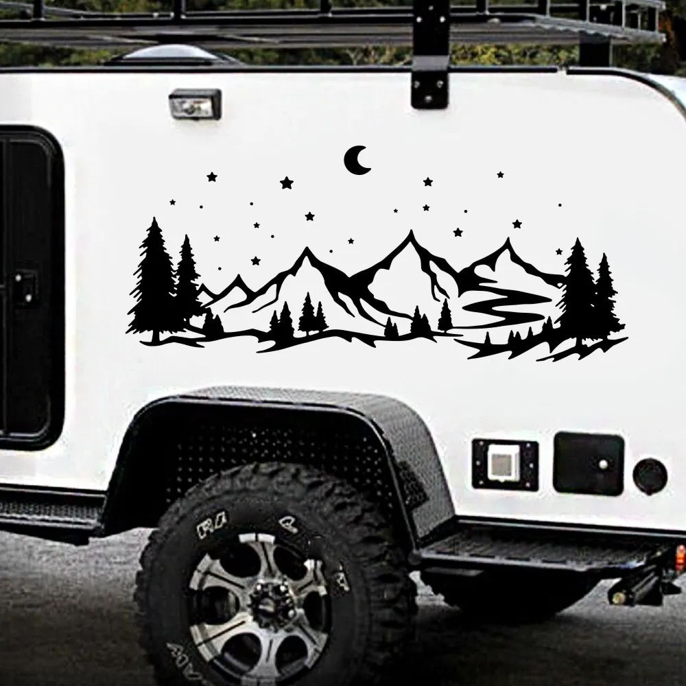 1 ADET Dağ maceraları orman ay grafik araba çıkartmaları dekorasyon kamyon camper kamyon kapı bel hattı vinil araba aksesuarları