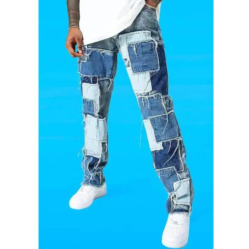 Sonbahar ve kış Moda erkek Splice Kot Streetwear Erkek Slim Fit yüksek kaliteli Düz Pantolon Rahat Hip-Hop Pantolon