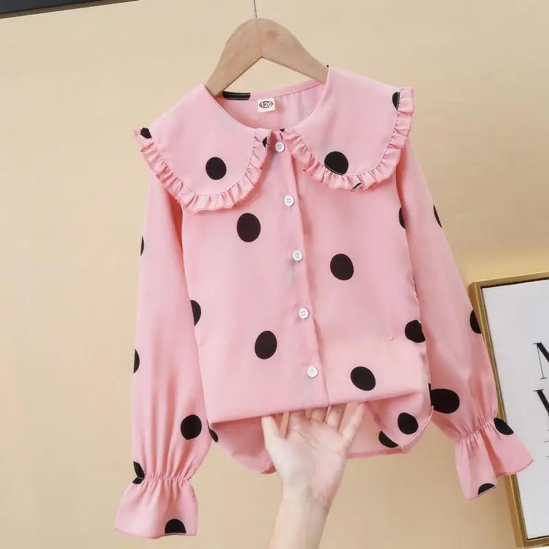 2021 Yeni Bahar Sonbahar Bebek Kız Polka Dot Moda Giyim Turn-aşağı Yaka Kore Tarzı Şifon Bluzlar Çocuklar Tam Giyim X12