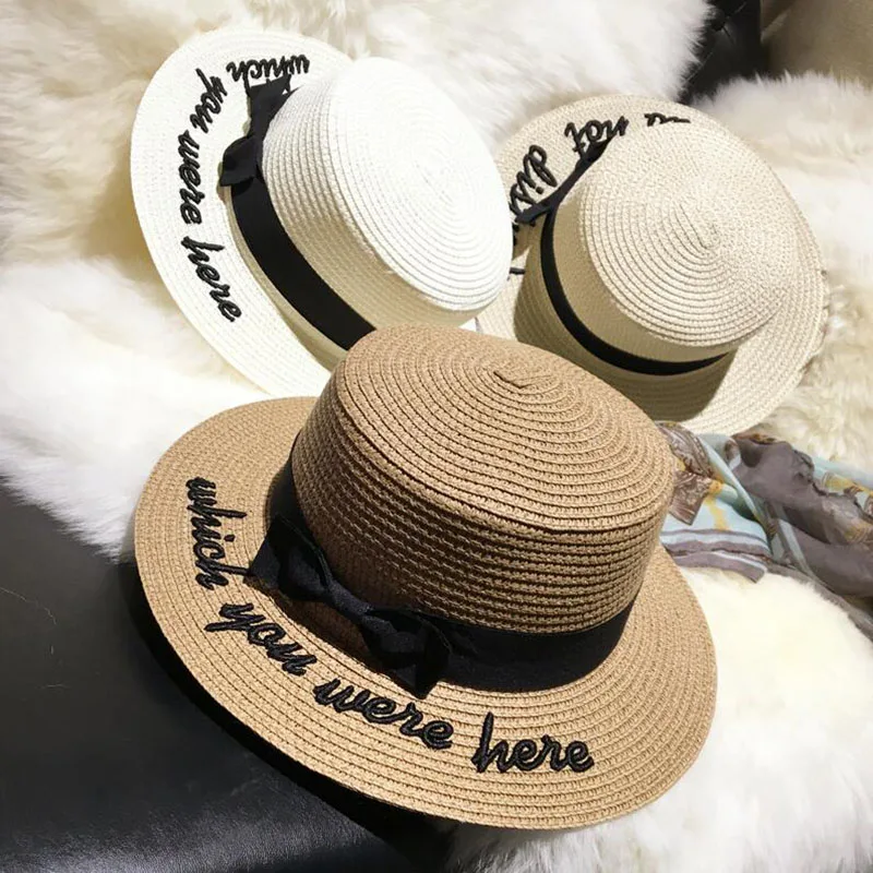 Bayan nakış güneş kapaklar şapka şapka kadın yay Yaz Şerit Yuvarlak Yay Düz Üst Geniş Ağızlı Hasır Şapka Kadın Fedora Panama Şapka
