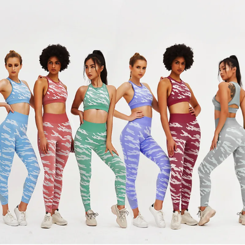 Kamuflaj Yoga Sutyen Yelek 2 Adet Kız Spor Yüksek Bel Tayt Spor Giyim Koşu Takım Elbise Yoga Seti egzersiz kıyafetleri Kadınlar İçin