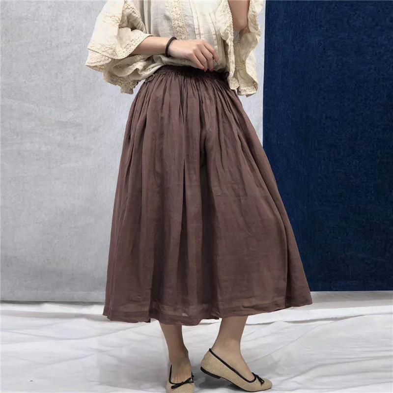 Johnature 2023 Yeni Vintage Katı Renk Keten Kadın Etekler Yaz Japon Elastik Bel Kravat Gevşek 3 Renk Etekler
