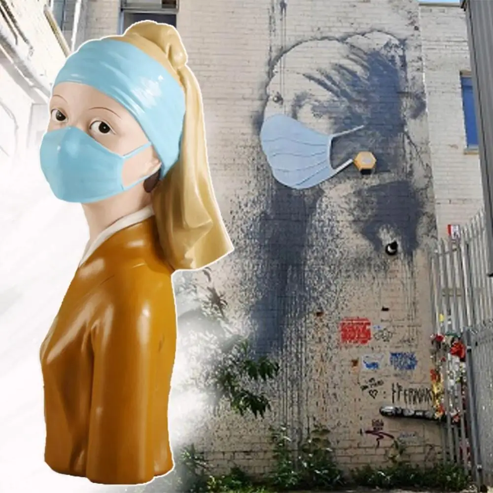 Reçine Banksy Koleksiyonu Heykelcik Heykel Kız Deldi Kulak Zarı Alır Maskesi Oturma Odası Dekorasyon Ev Masası Süs Hediye