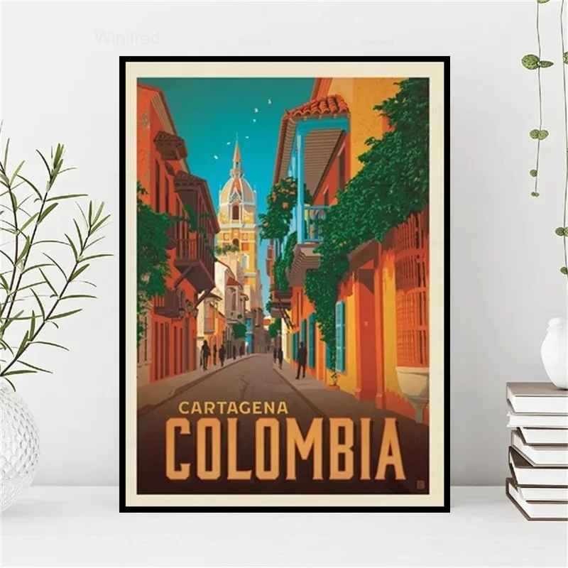 Kolombiya Cartagena Vintage Poster Baskı, Cartagena Sokak Resmi Karikatür Ev Duvar Sanatı, Ofis Duvar Dekoru, Devlet Haritası Posteri